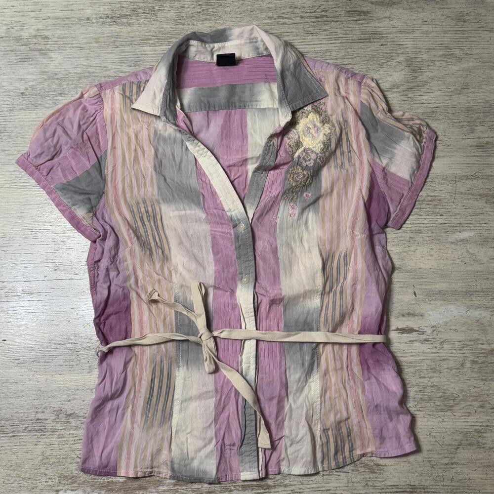 Gap Twee Embroidered Floral Tie Waist Pink Grey Plaid Shirt Size Medium